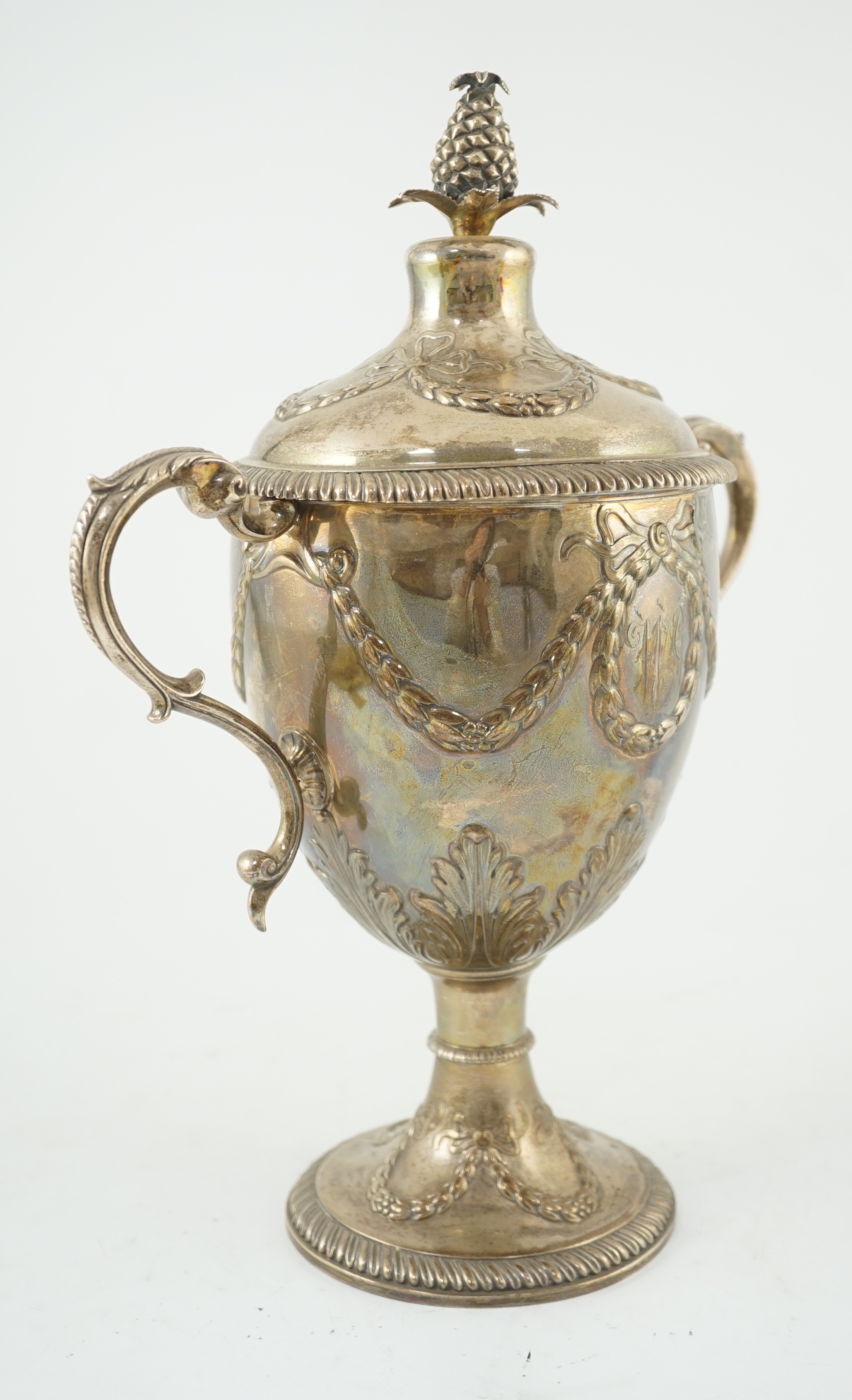 A George III silver presentation two handled vase shaped pedestal cup and cover by Richard Gardner